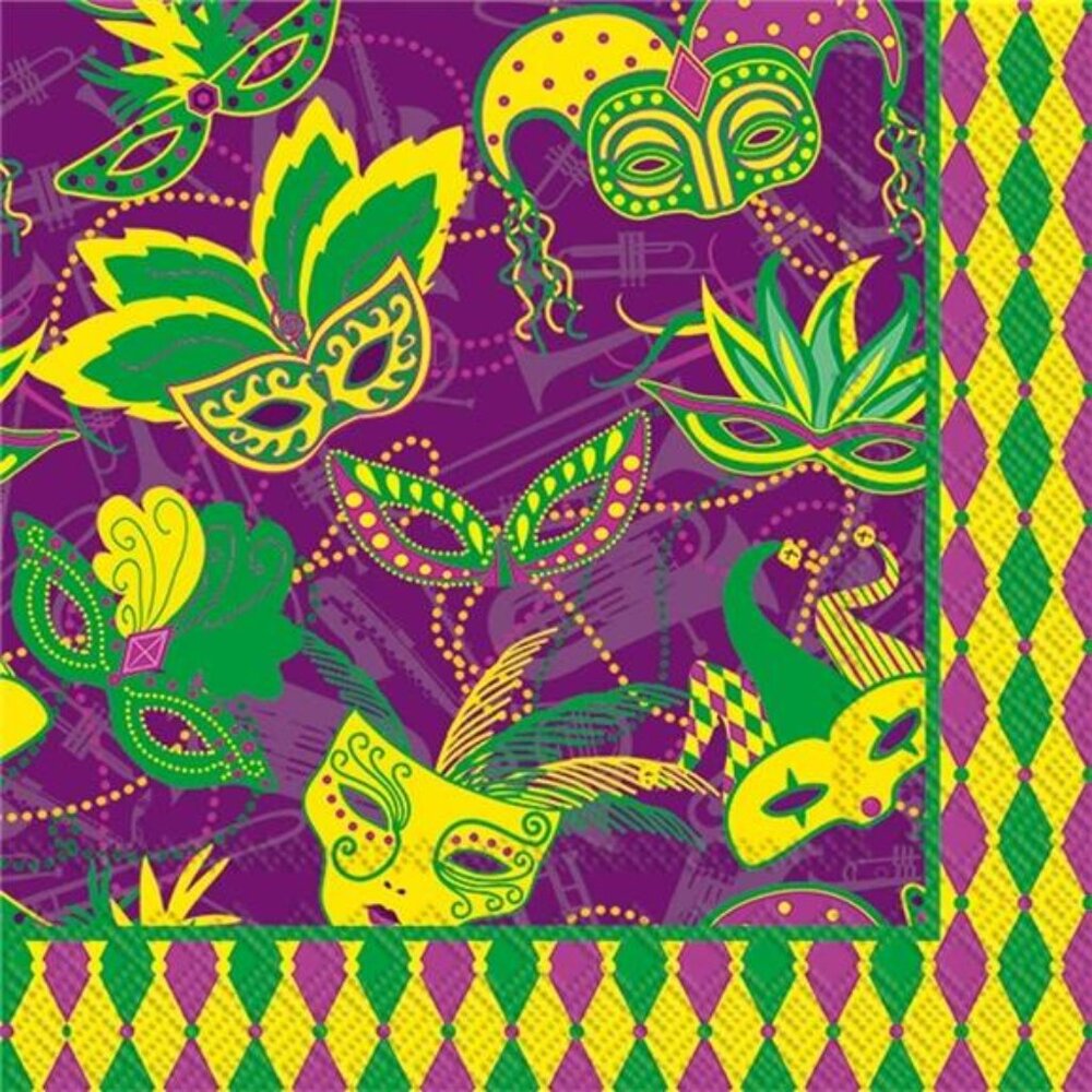 2 IHR Cocktail Beverage Paper Napkins, 5" x 5", Mardi Gras set of 2